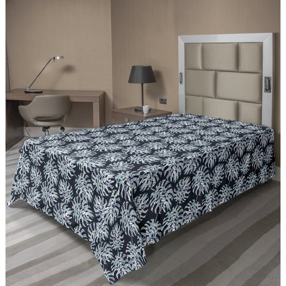 Ambesonne Tropical Flat Sheet, Leaf Foliage Inner Motifs, TwinXL Size, Dark Blue Grey and White