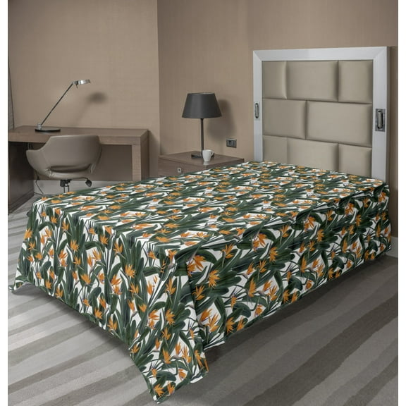 Ambesonne Tropical Flat Sheet, Leafy Art Bird of Paradise, Twin Size, Hunter Green Marigold