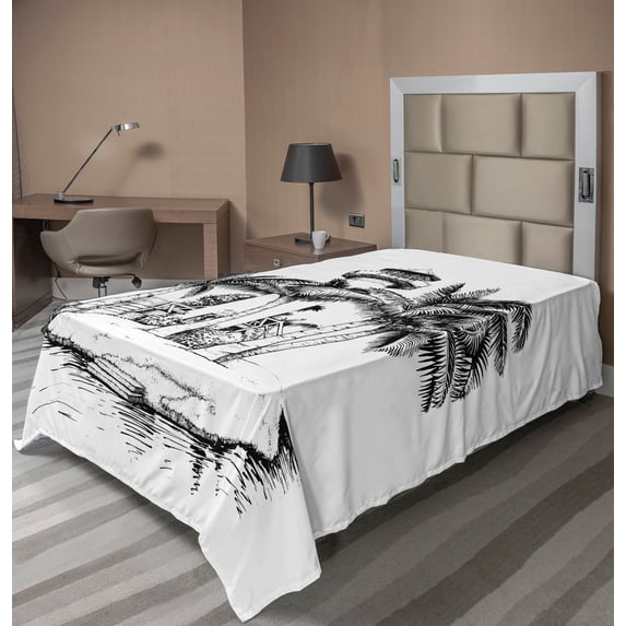 Ambesonne Tropical Flat Sheet, Lighthouse Island Tree, TwinXL Size, Black White