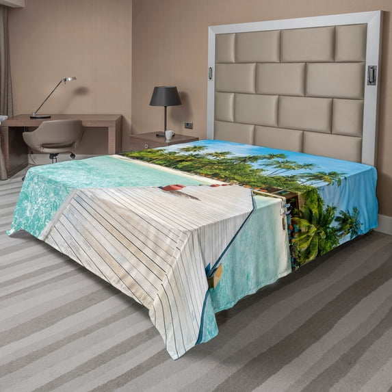 Ambesonne Tropical Flat Sheet, Maldives Island Beach, King Size, Fern Green Turquoise