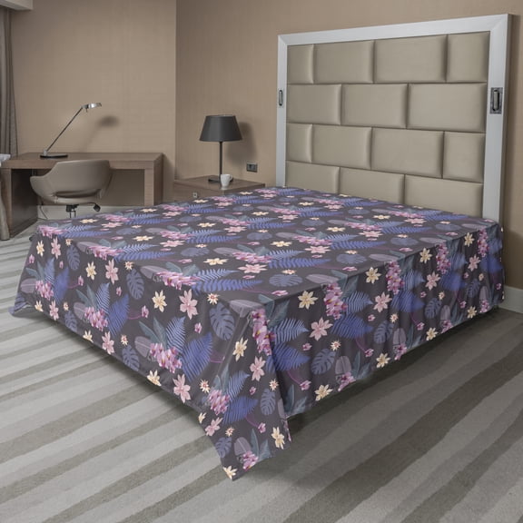 Ambesonne Tropical Flat Sheet, Monstera Leaves Jungle, Queen Size, Lavender Blue and Eggplant