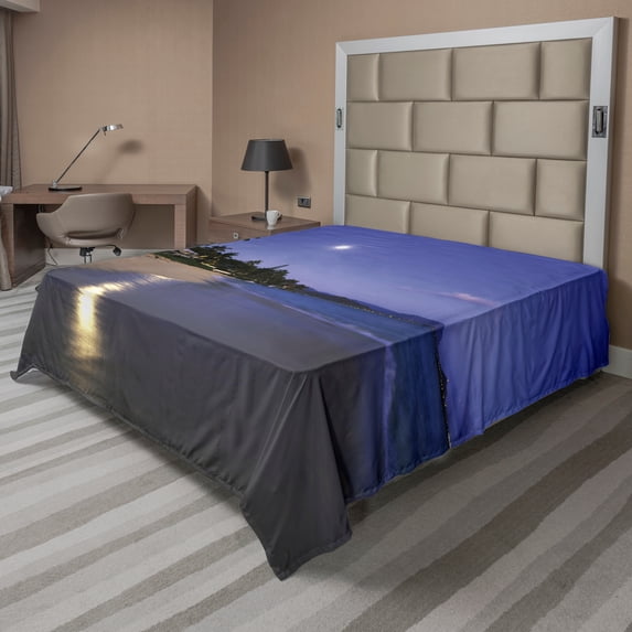 Ambesonne Tropical Flat Sheet, Moonlight Hawaii Sea, Queen Size, Navy Sand