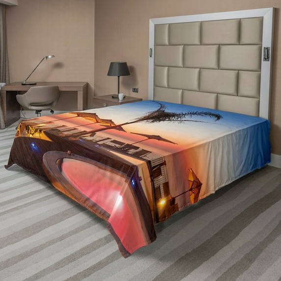 Ambesonne Tropical Flat Sheet, Ocean View at Sunset, Full Size, Multicolor