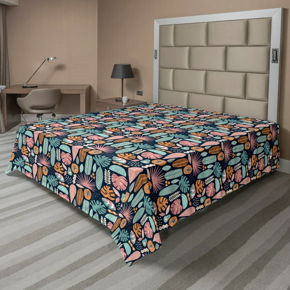 Ambesonne Tropical Flat Sheet, Ornamental Jungle Elements, California King, Multicolor