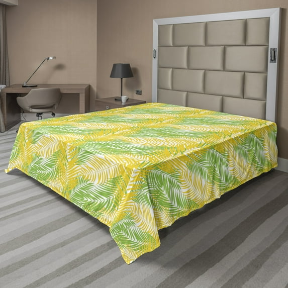 Ambesonne Tropical Flat Sheet, Palm Leaves Hawaii Island, Full Size, Green Earth Yellow White