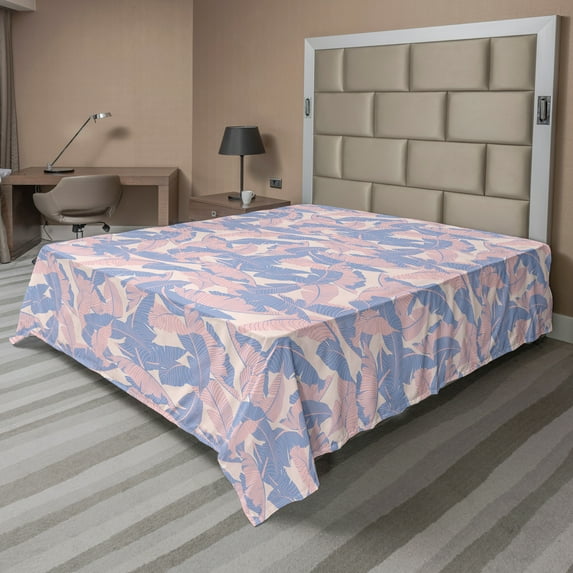 Ambesonne Tropical Flat Sheet, Palm Leaves Soft Tones, King Size, Pale Pink Blue Cream