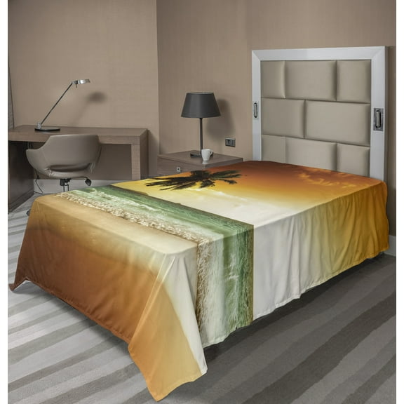 Ambesonne Tropical Flat Sheet, Palm Tree Exotic Beach, Twin Size, Amber Green White