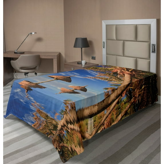 Ambesonne Tropical Flat Sheet, Palm Trees Calm Ocean, Twin Size, Blue Brown