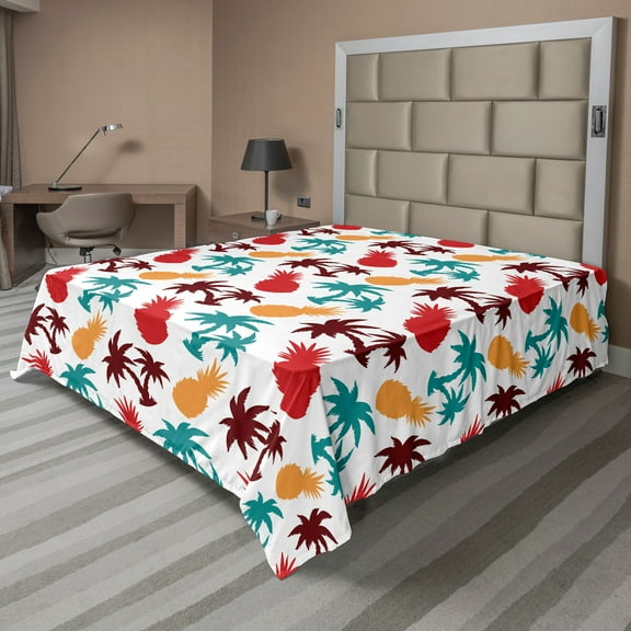 Ambesonne Tropical Flat Sheet, Palm Trees Island, Queen Size, Multicolor