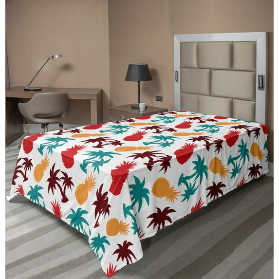 Ambesonne Tropical Flat Sheet, Palm Trees Island, TwinXL Size, Multicolor
