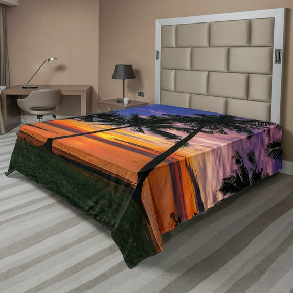 Ambesonne Tropical Flat Sheet, Palm Trees Sunset View, King Size, Multicolor