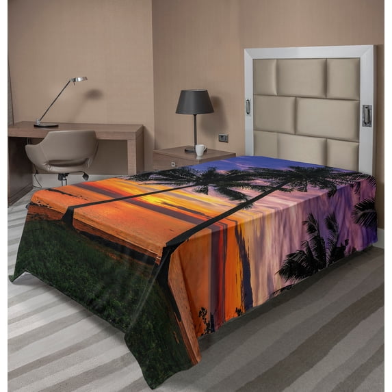 Ambesonne Tropical Flat Sheet, Palm Trees Sunset View, TwinXL Size, Multicolor