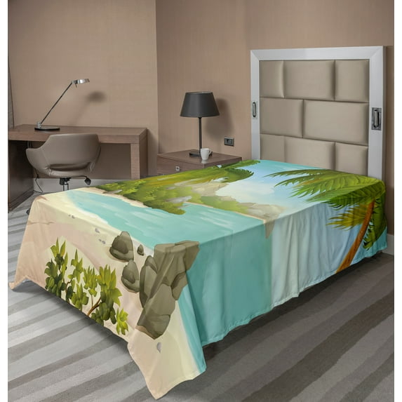 Ambesonne Tropical Flat Sheet, Palm Trees and Rocks, Twin Size, Aqua Green