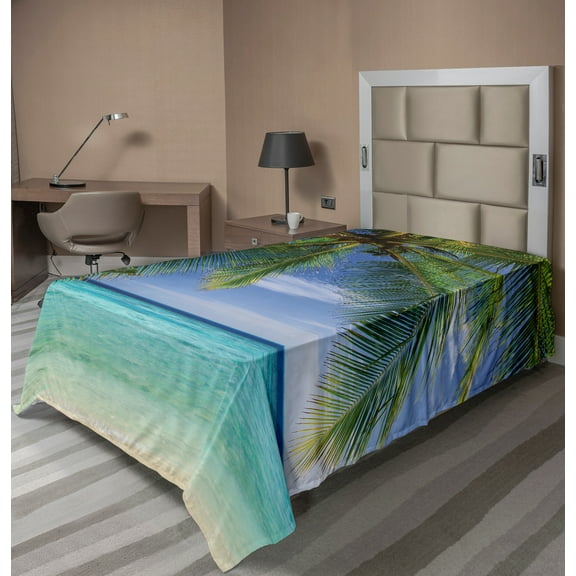 Ambesonne Tropical Flat Sheet, Paradise View Maldives, Twin Size, Green Aqua Blue