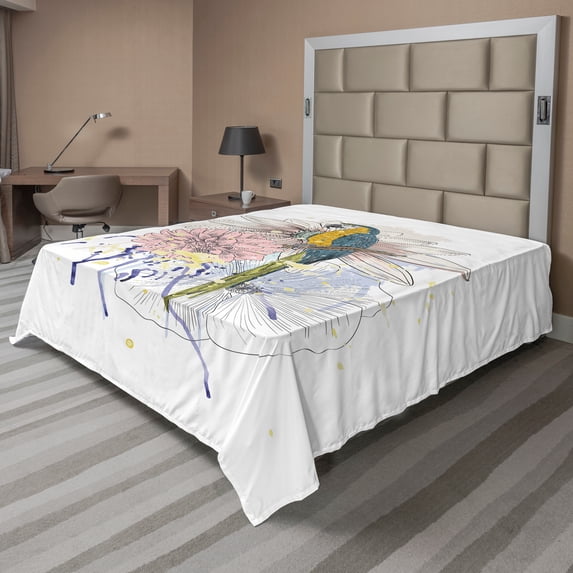 Ambesonne Tropical Flat Sheet, Parrot on Flower Bouquet, Queen Size, Multicolor