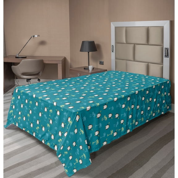Ambesonne Tropical Flat Sheet, Penguins and Palm Trees, Twin Size, Sea Blue Multicolor