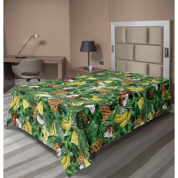 Ambesonne Tropical Flat Sheet, Pineapples Banana Coconut, Twin Size, Green Brown Yellow