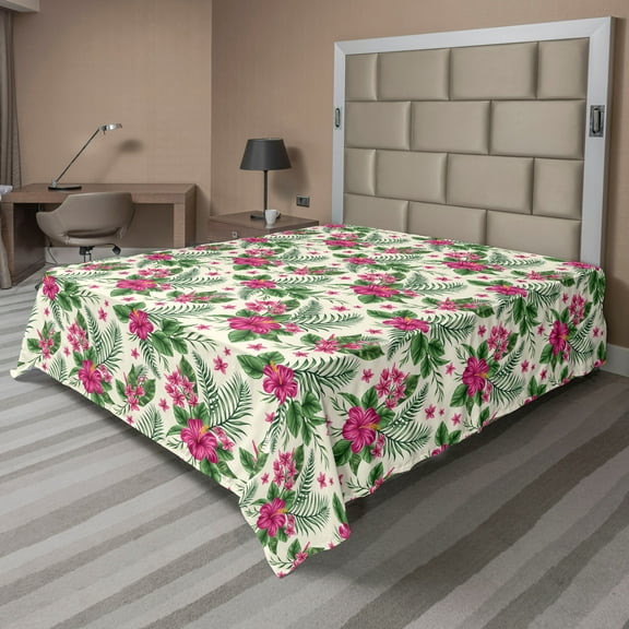 Ambesonne Tropical Flat Sheet, Plumeria and Hibiscus, Full Size, Multicolor