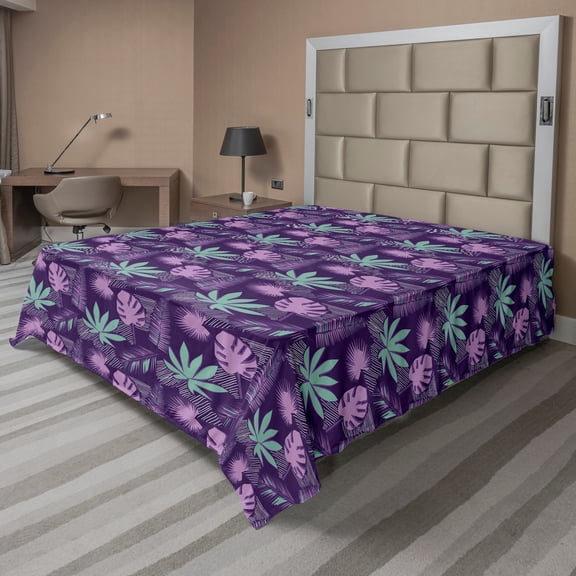 Ambesonne Tropical Flat Sheet, Purple Exotic Jungle Art, Full Size, Purple and Seafoam
