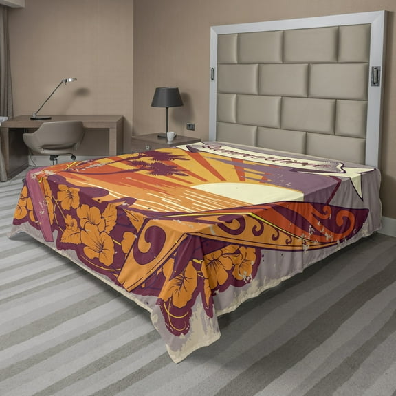 Ambesonne Tropical Flat Sheet, Retro Exotic Summer, Full Size, Orange Maroon Bluegrey