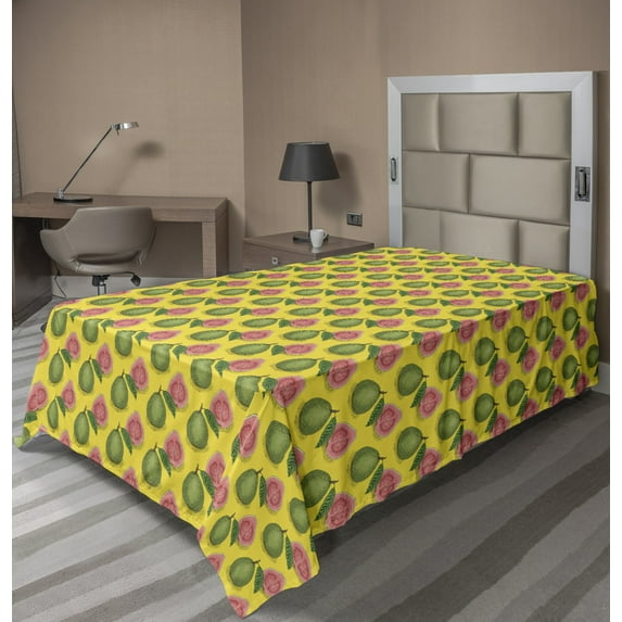 Ambesonne Tropical Flat Sheet, Ripe Guava Fruits Leaf, Twin Size, Yellow Green
