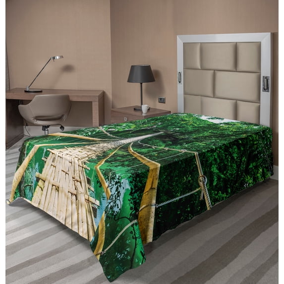 Ambesonne Tropical Flat Sheet, River Bridge of Forest, TwinXL Size, Beige and Green