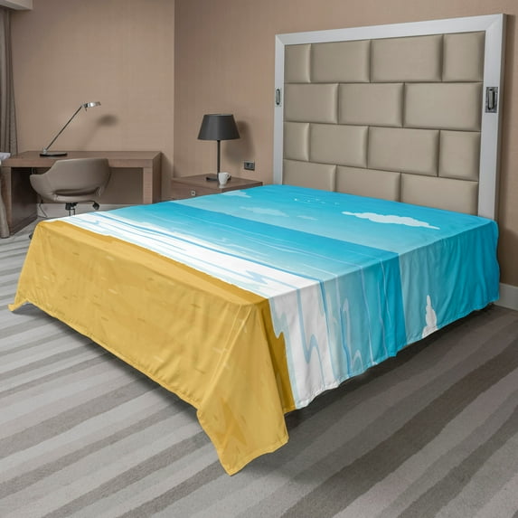 Ambesonne Tropical Flat Sheet, Sandy Beach Ocean, California King, Sand Brown Sky Blue