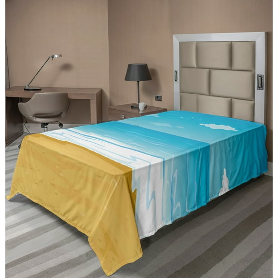 Ambesonne Tropical Flat Sheet, Sandy Beach Ocean, Twin Size, Sand Brown Sky Blue