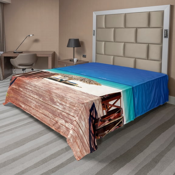 Ambesonne Tropical Flat Sheet, Sandy Beach Resort, Full Size, Chocolate Navy Turquoise