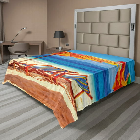 Ambesonne Tropical Flat Sheet, Sea of Thailand Beach, Queen Size, Orange Blue