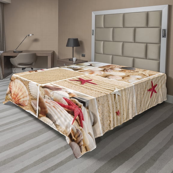 Ambesonne Tropical Flat Sheet, Seashells Starfishes, King Size, Multicolor