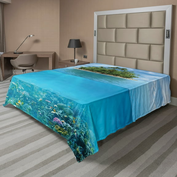 Ambesonne Tropical Flat Sheet, Small Island in Ocean, California King, Aqua Forest Green