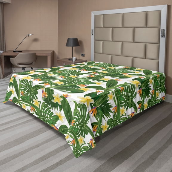 Ambesonne Tropical Flat Sheet, Strelitzia Monstera Palm, Queen Size, White Olive Green