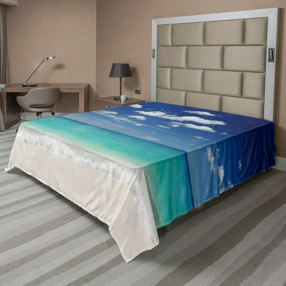 Ambesonne Tropical Flat Sheet, Summer Beach Coast, California King, Blue Turquoise White