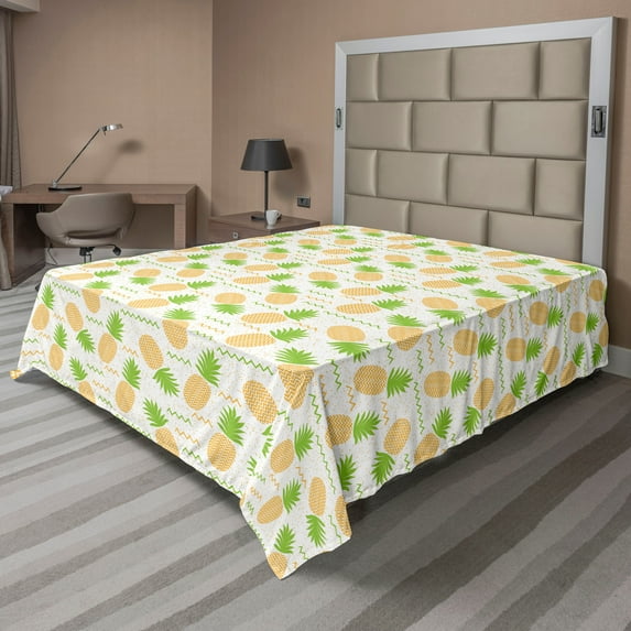 Ambesonne Tropical Flat Sheet, Summer Fruits Arrangement, Full Size, Fern Green and Orange