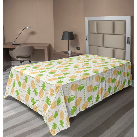 Ambesonne Tropical Flat Sheet, Summer Fruits Arrangement, TwinXL Size, Fern Green and Orange