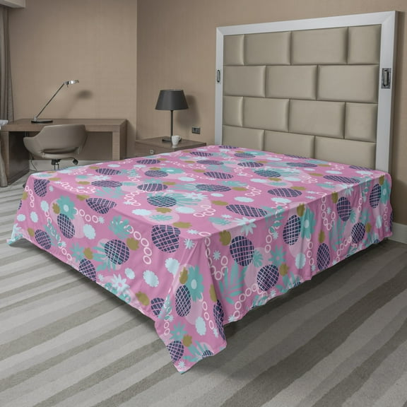 Ambesonne Tropical Flat Sheet, Summer Fruits Plantation, Queen Size, Pink and Multicolor