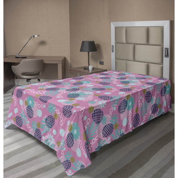 Ambesonne Tropical Flat Sheet, Summer Fruits Plantation, Twin Size, Pink and Multicolor