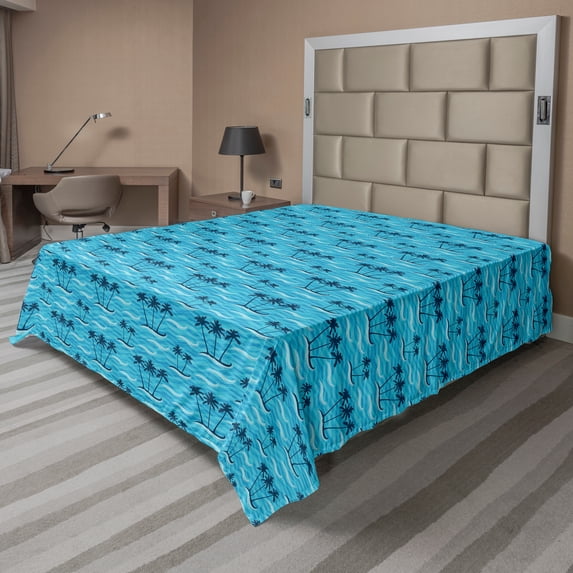 Ambesonne Tropical Flat Sheet, Summer Sea and Palm Trees, Full Size, Petrol Blue Blue