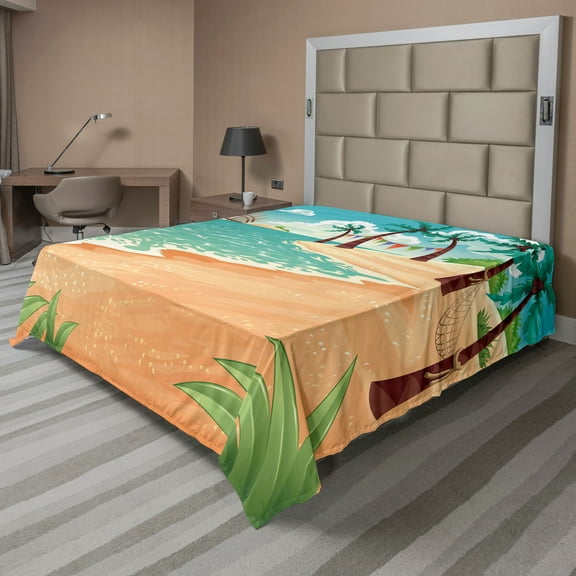 Ambesonne Tropical Flat Sheet, Summer Vacation, King Size, Peach Sea Green