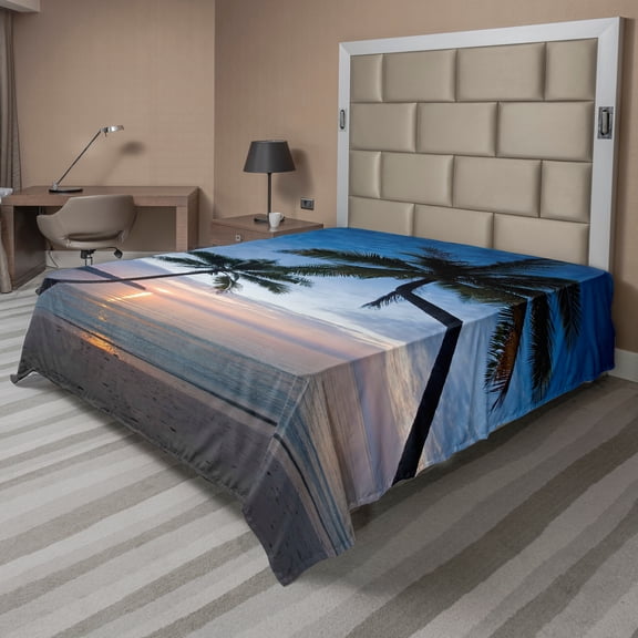 Ambesonne Tropical Flat Sheet, Sunset Beach Thailand, California King, Blue Black Pale Pink