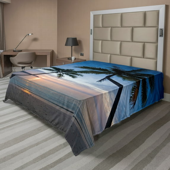 Ambesonne Tropical Flat Sheet, Sunset Beach Thailand, Full Size, Blue Black Pale Pink