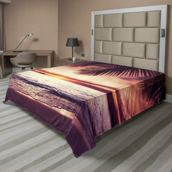 Ambesonne Tropical Flat Sheet, Sunset Ocean Waves, King Size, Yellow