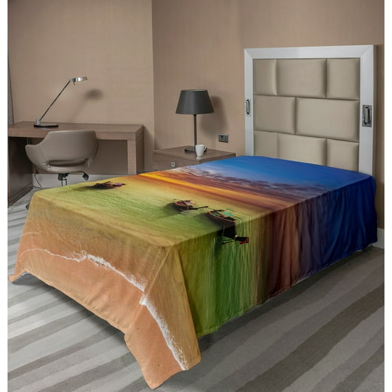 Ambesonne Tropical Flat Sheet, Thailand Boat in Ocean, Twin Size, Multicolor