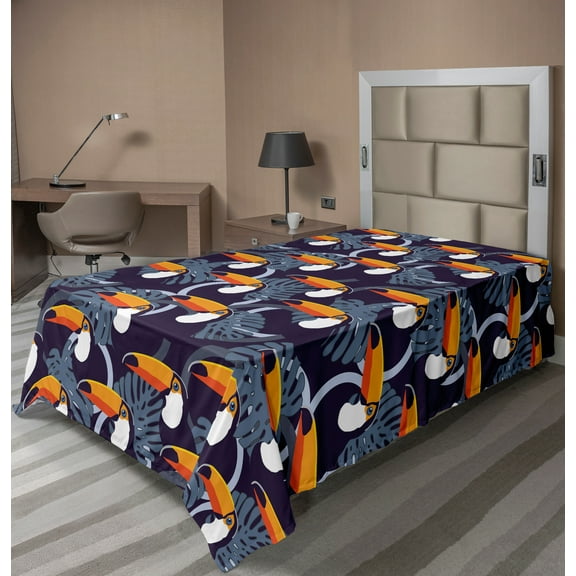 Ambesonne Tropical Flat Sheet, Toucan Birds Monstera Leaf, TwinXL Size, Dark Purple Orange