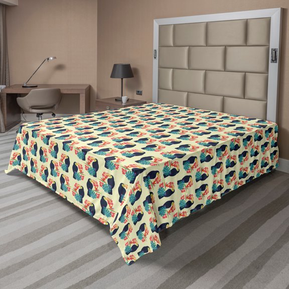 Ambesonne Tropical Flat Sheet, Toucan and Exotic Botany, Full Size, Cream Multicolor