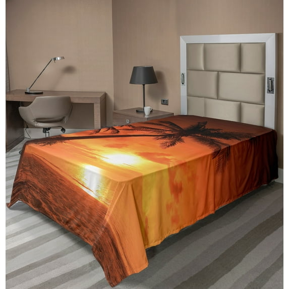 Ambesonne Tropical Flat Sheet, Twilight Coconut Palms, Twin Size, Coral Orange Brown