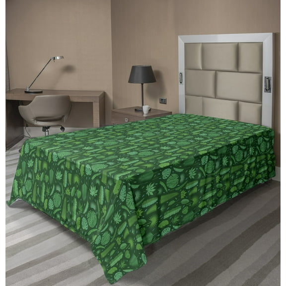 Ambesonne Tropical Flat Sheet, Exotics Jungle Elements, TwinXL Size, Fern Green Hunter Green
