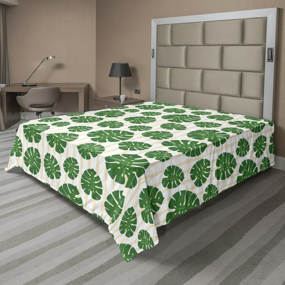 Ambesonne Tropical Flat Sheet, Vertical Monstera Leaves, King Size, Green Champagne White