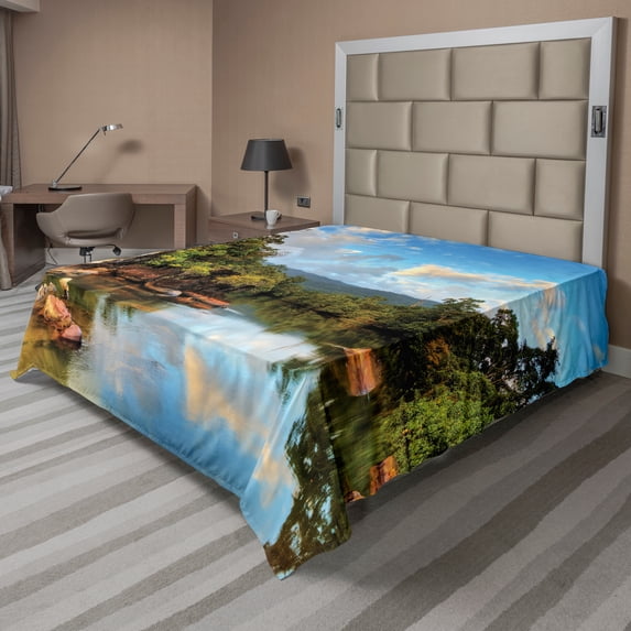 Ambesonne Tropical Flat Sheet, View of Jungle River, Queen Size, Multicolor